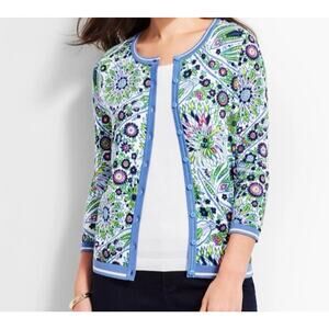 Talbots Paisley Cardigan Blue Green Button Down 3/4 Sleeve Vintage Floral Chic